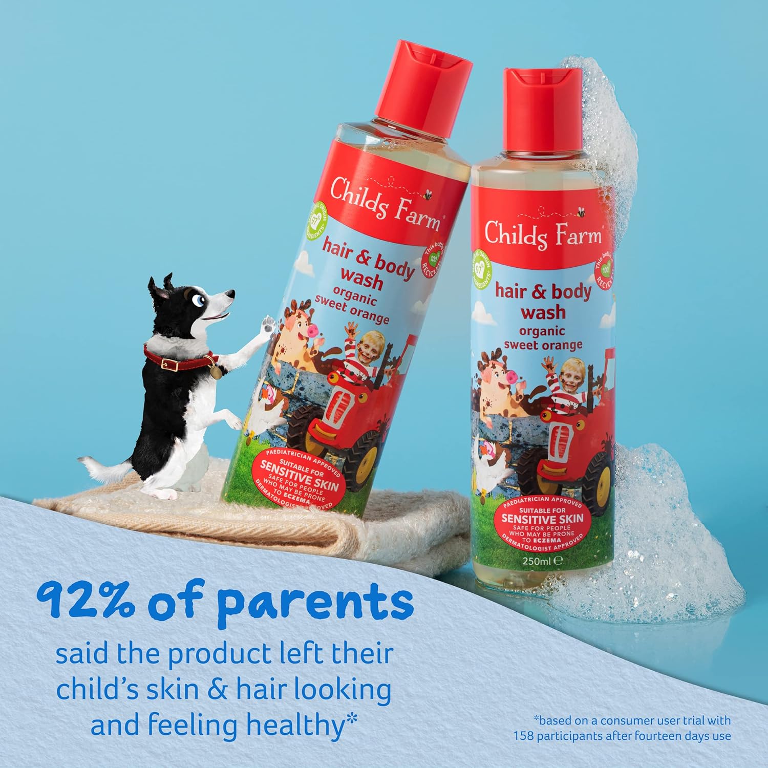 Childs Farm Kids Hair & Body Wash Sweet Orange 250ml bottles with red caps