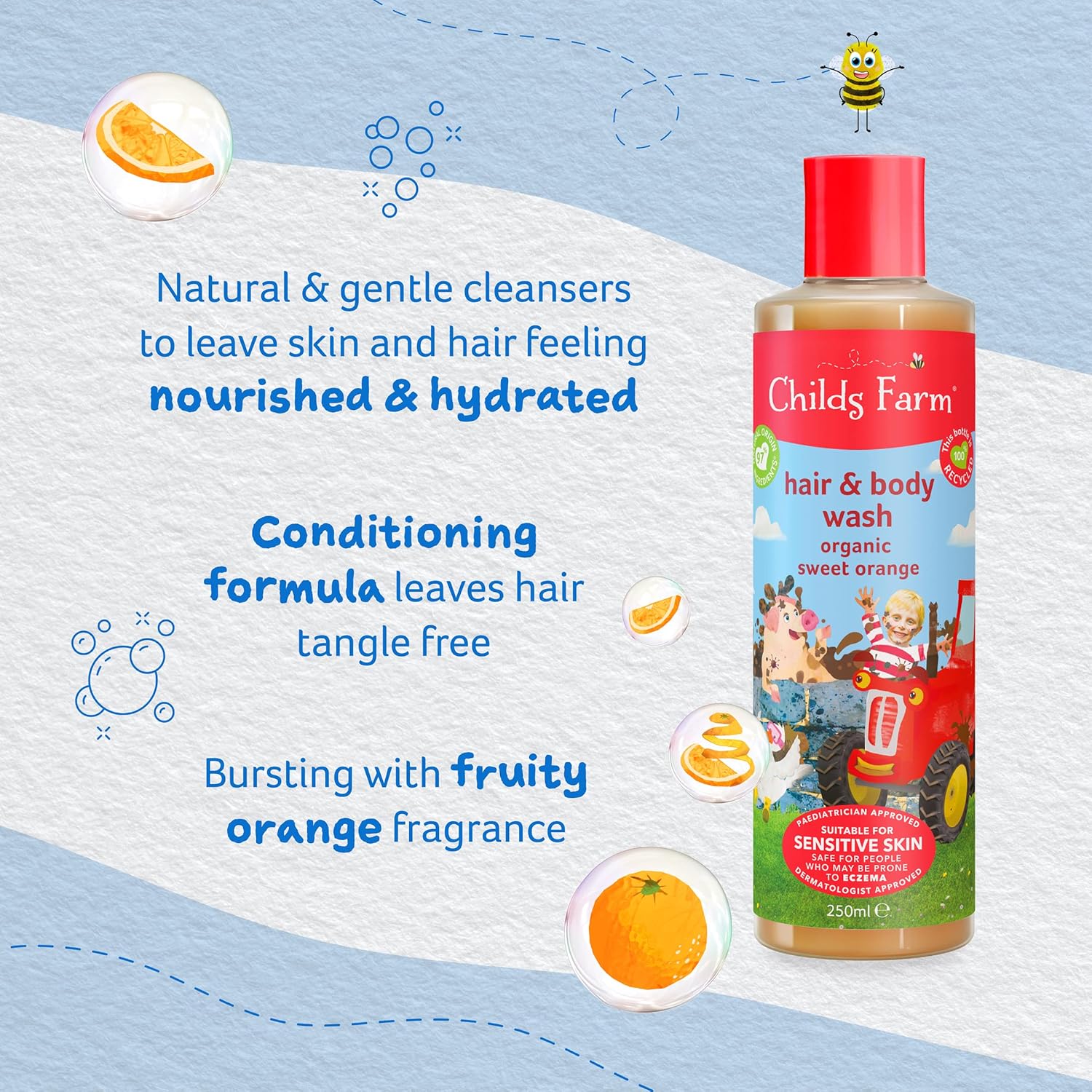 Childs Farm organic sweet orange hair and body wash, 250ml bottle with red cap