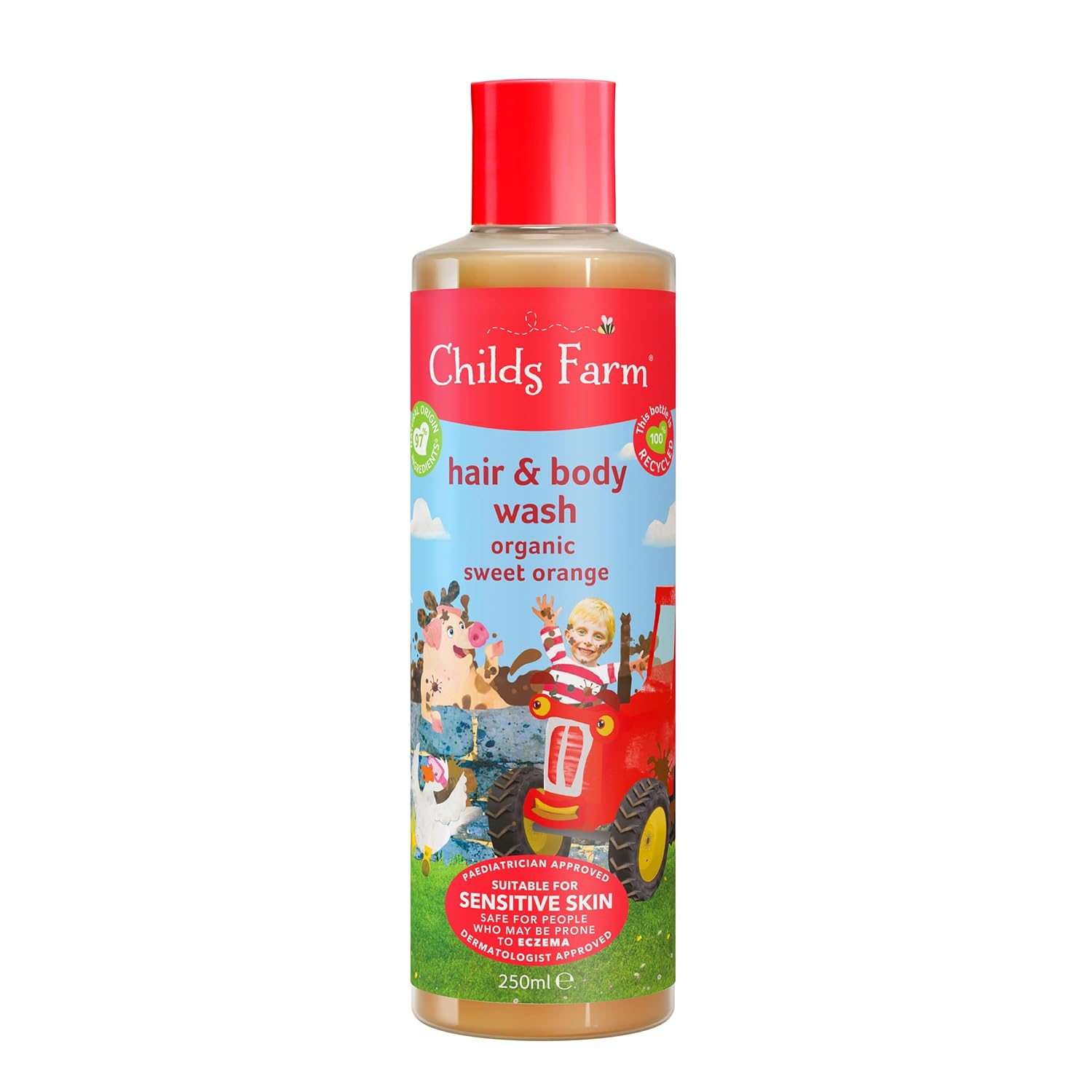 Childs Farm Kids Hair and Body Wash Sweet Orange 250ml bottle with red cap