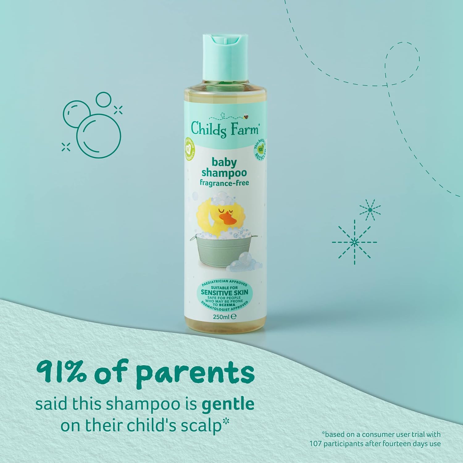 Childs Farm unfragranced baby shampoo 250ml bottle with turquoise cap