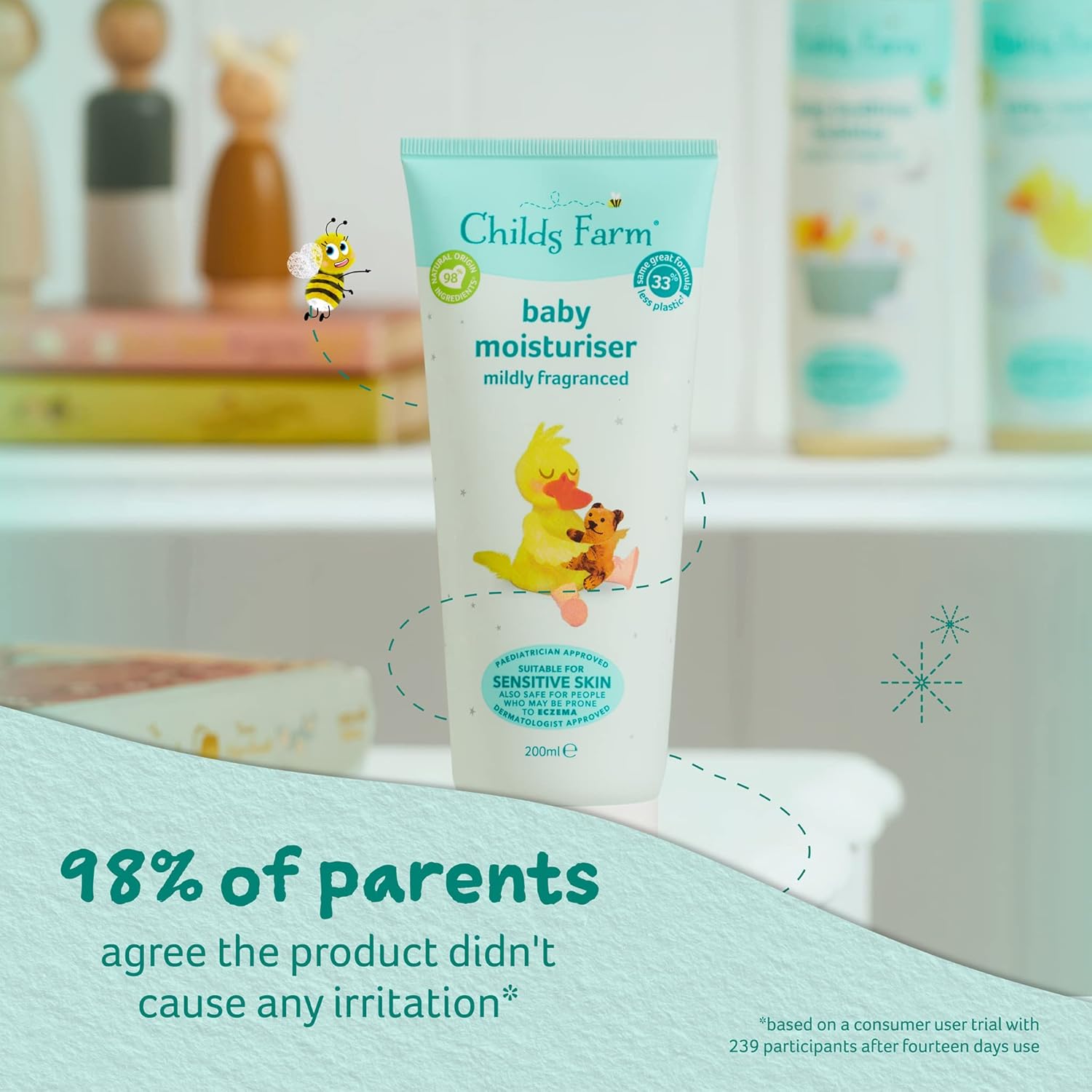 Childs Farm baby moisturiser mildly fragranced 200ml tube white and turquoise