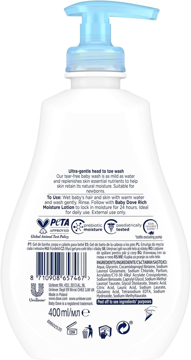 Baby Dove Top To Toe Rich Moisture 400ml white pump bottle with blue pump head