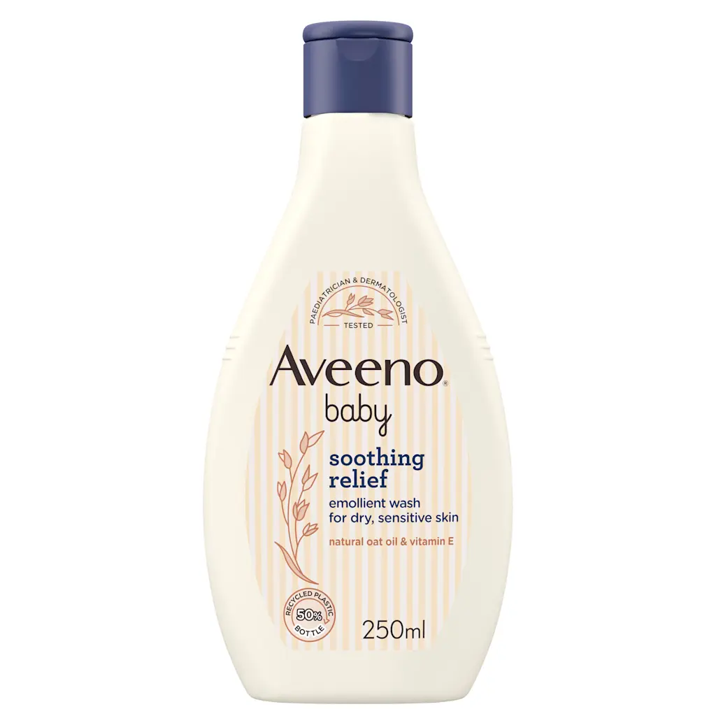 Aveeno baby soothing relief emollient wash 250ml cream bottle with navy cap