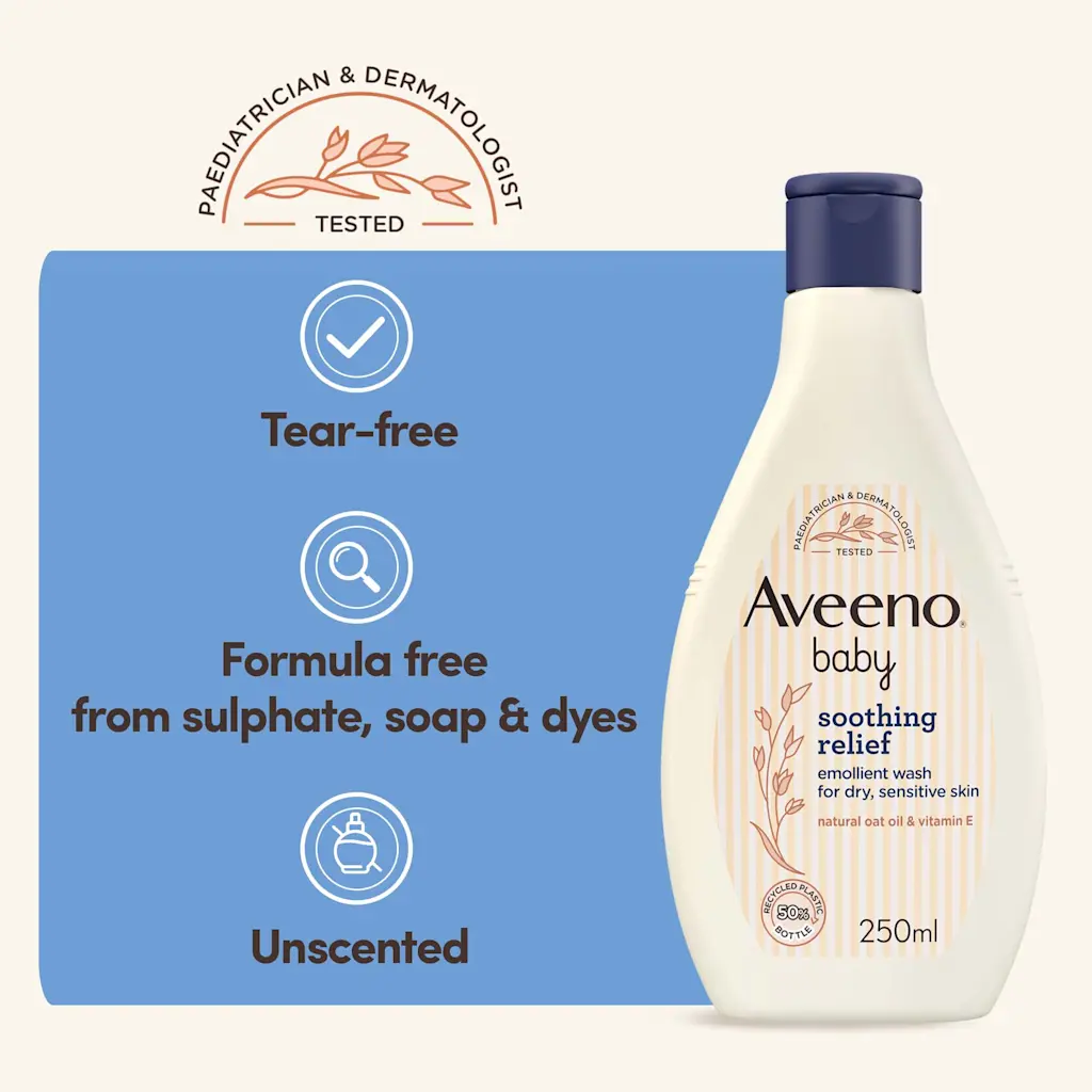 Aveeno Baby Soothing Relief Emollient Wash 250ml cream bottle with navy cap