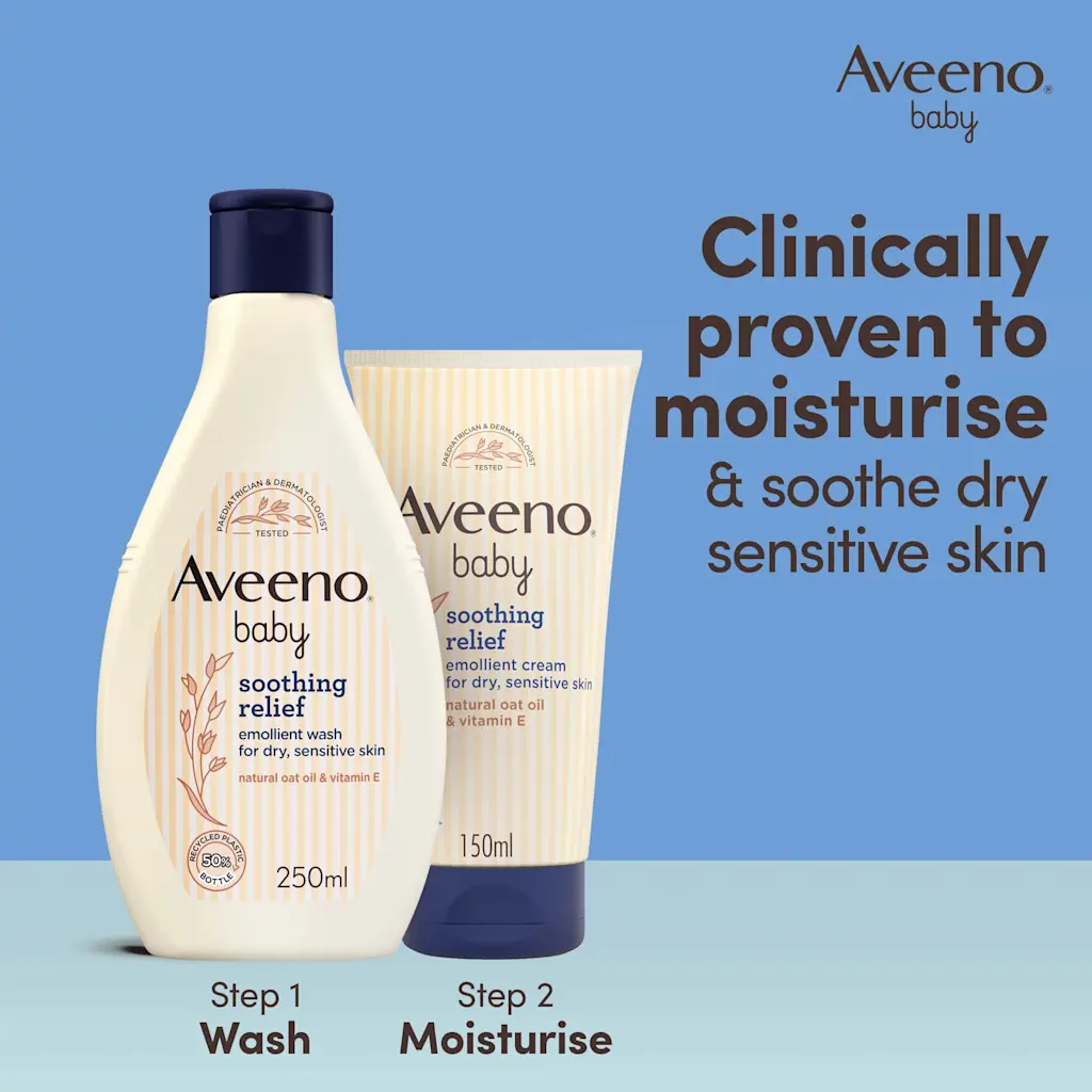 Aveeno Baby Soothing Relief Emollient Wash 250ml bottle with dark cap