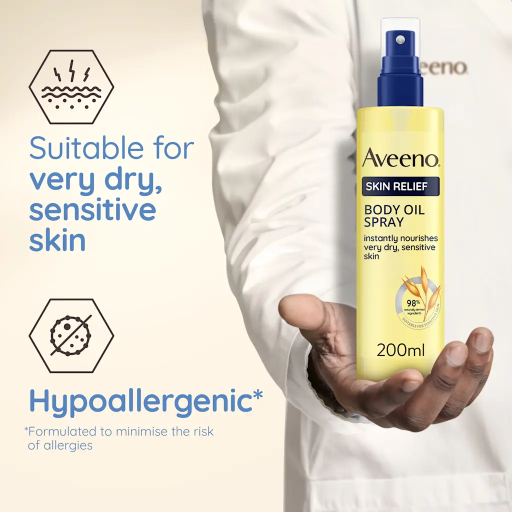 Aveeno Skin Relief Body Oil Spray 200ml yellow bottle with blue spray nozzle