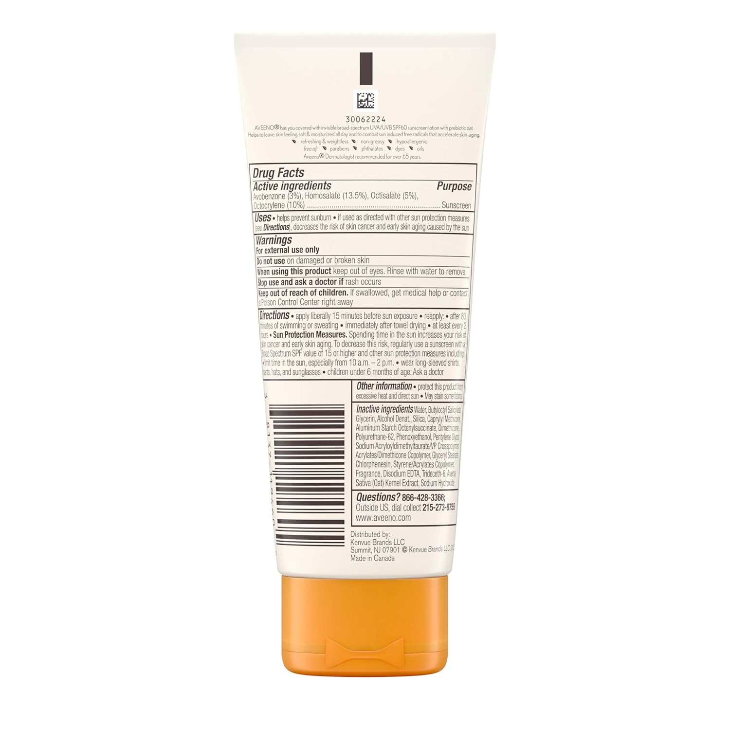 Aveeno Protect Hydrate Sunscreen SPF 60 88ml tube with orange cap