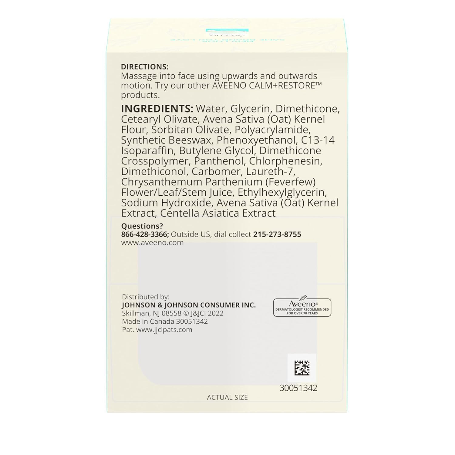 Aveeno Calm Restore Oat Gel Moisture for sensitive skin 48g tube back packaging