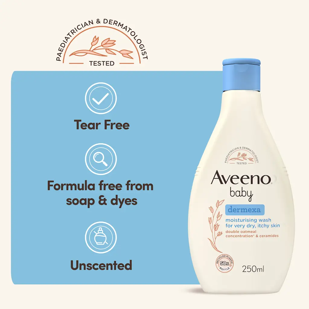 Aveeno Baby Dermexa Emollient Wash 250ml bottle with blue cap for dry itchy skin