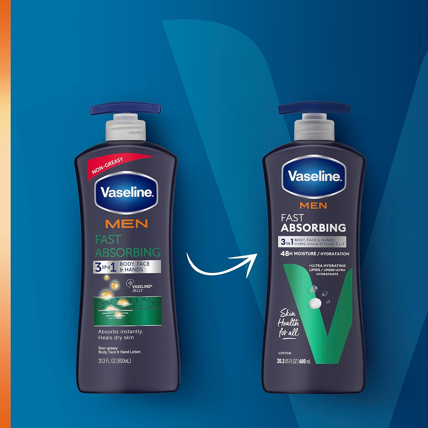 Vaseline Men Fast Absorbing body and face lotion 600ml pump bottle dark blue