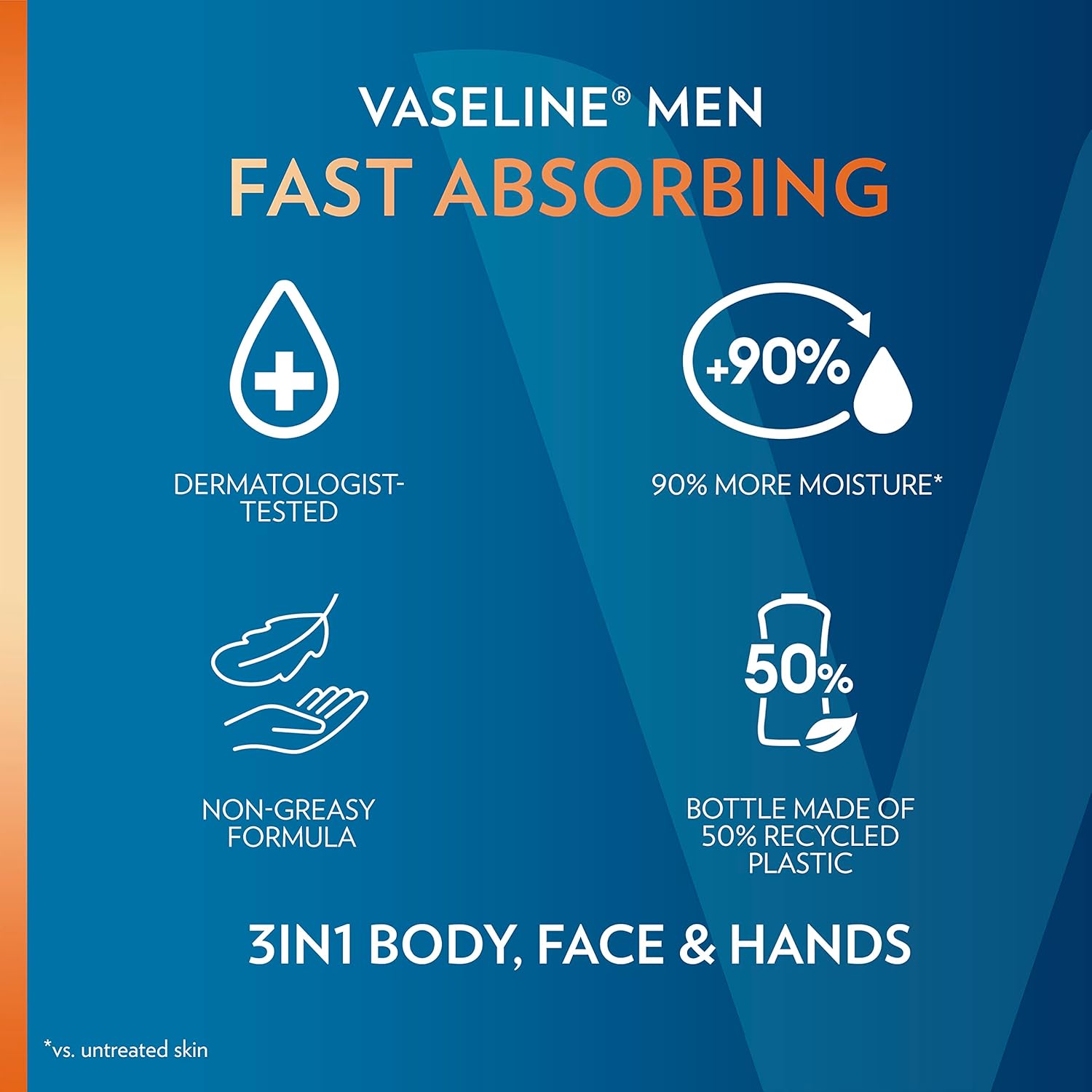 Vaseline Men Fast Absorbing body and face lotion 600ml bottle on blue background