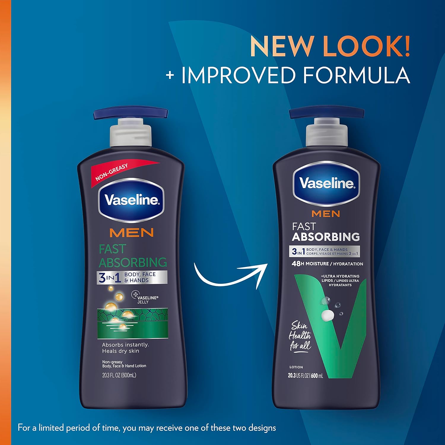 Vaseline Men Fast Absorbing Body Face Lotion 600ml dark bottle with white pump cap