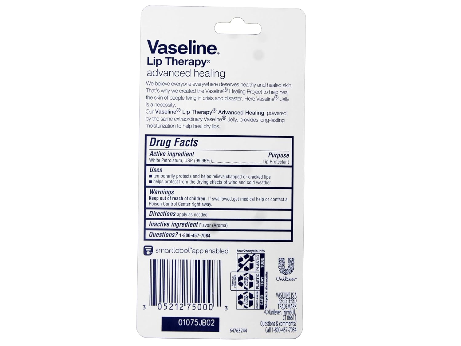 Vaseline Lip Therapy Advanced Healing lip balm product packaging with drug facts label