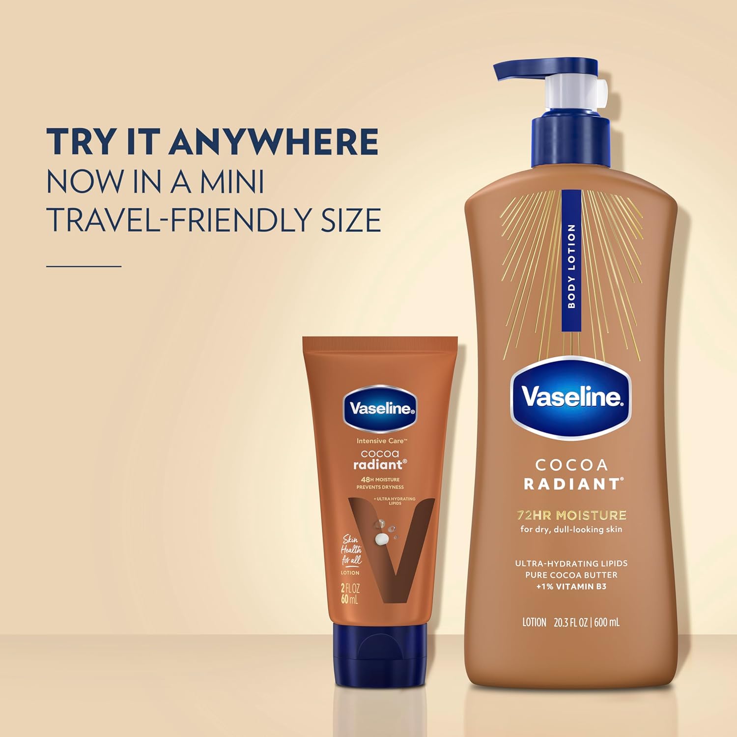 Vaseline Intensive Care Cocoa Radiant body lotion 600 mL pump bottle and travel tube