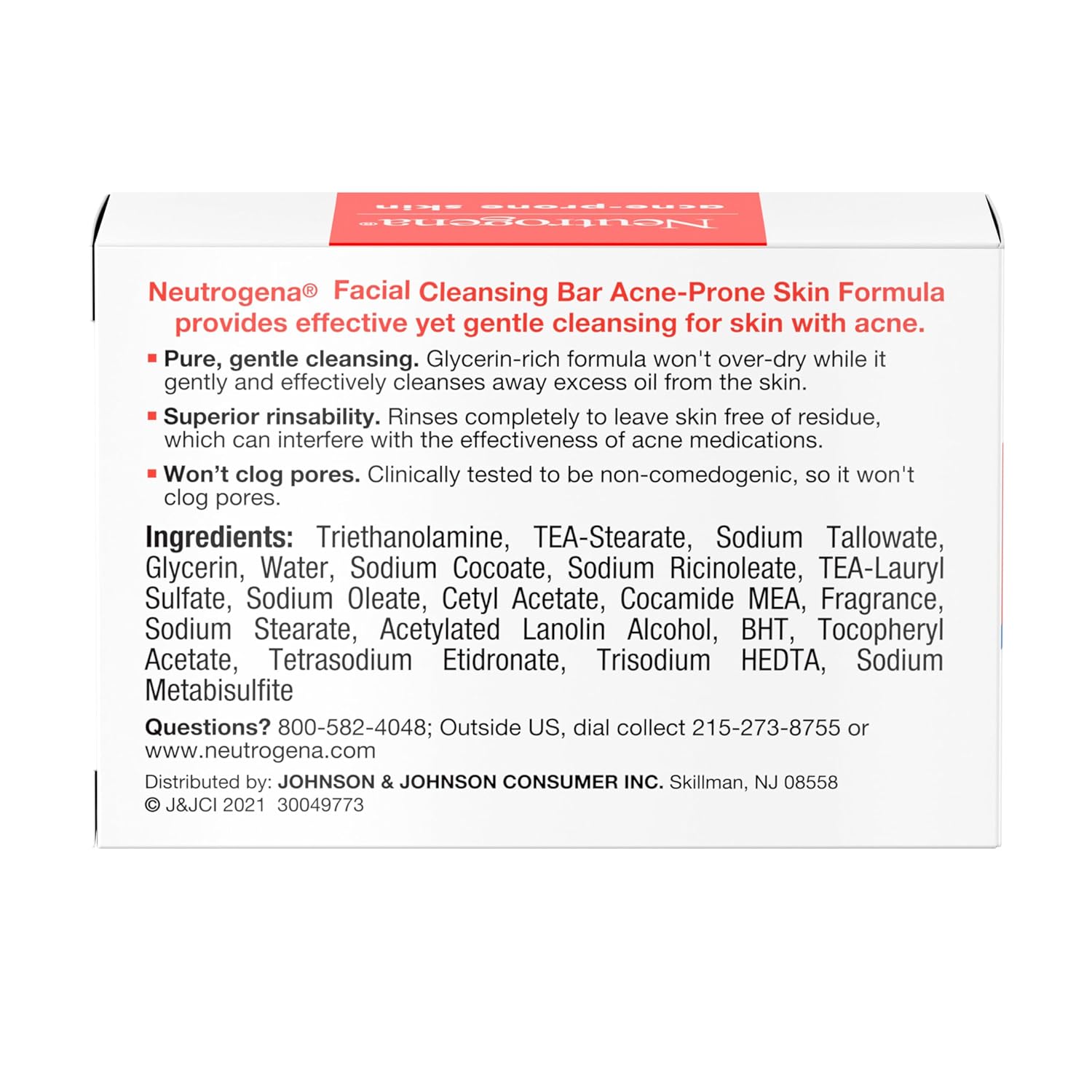 Neutrogena Facial Cleansing Bar Acne-Prone Skin Formula 99g box back panel