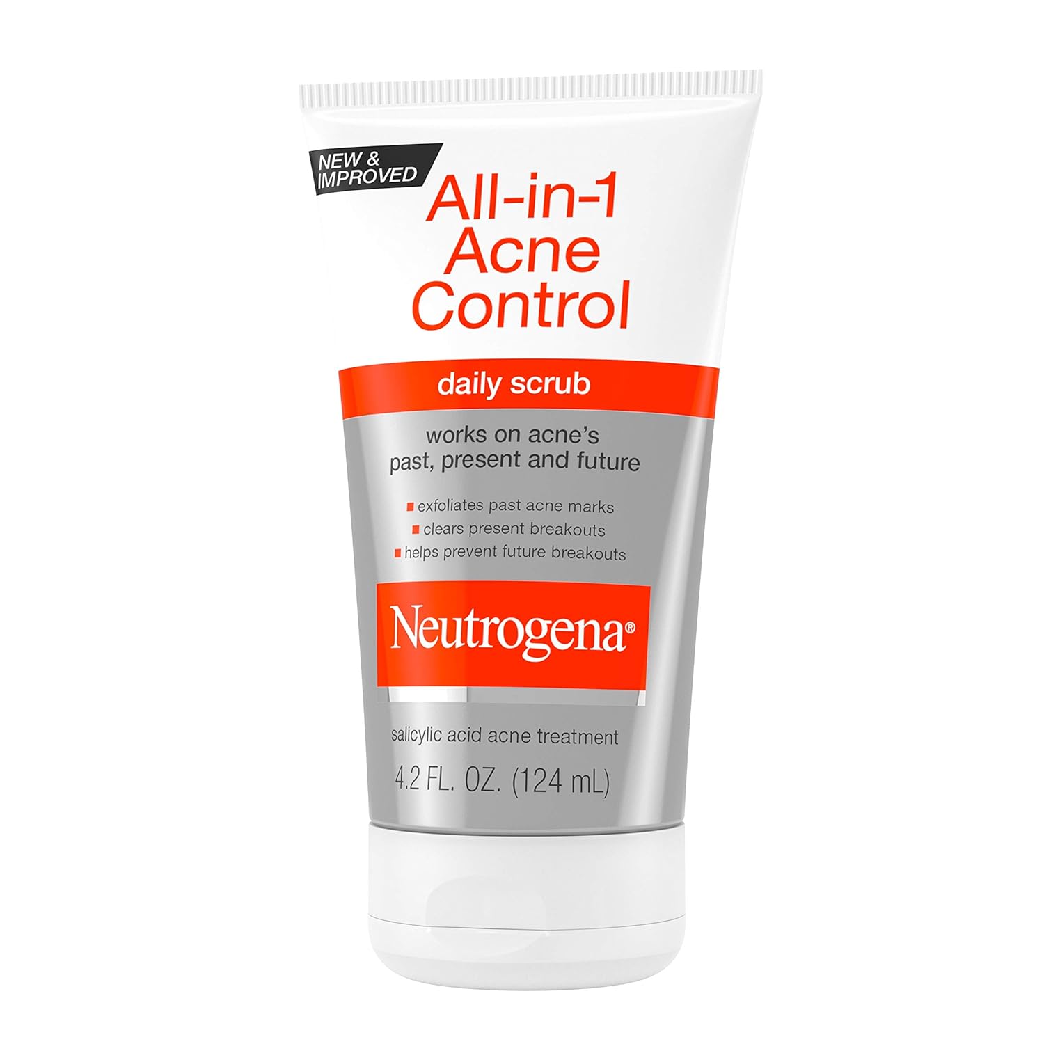 Neutrogena All-in-1 Acne Control Daily Scrub 124mL tube with red and grey packaging