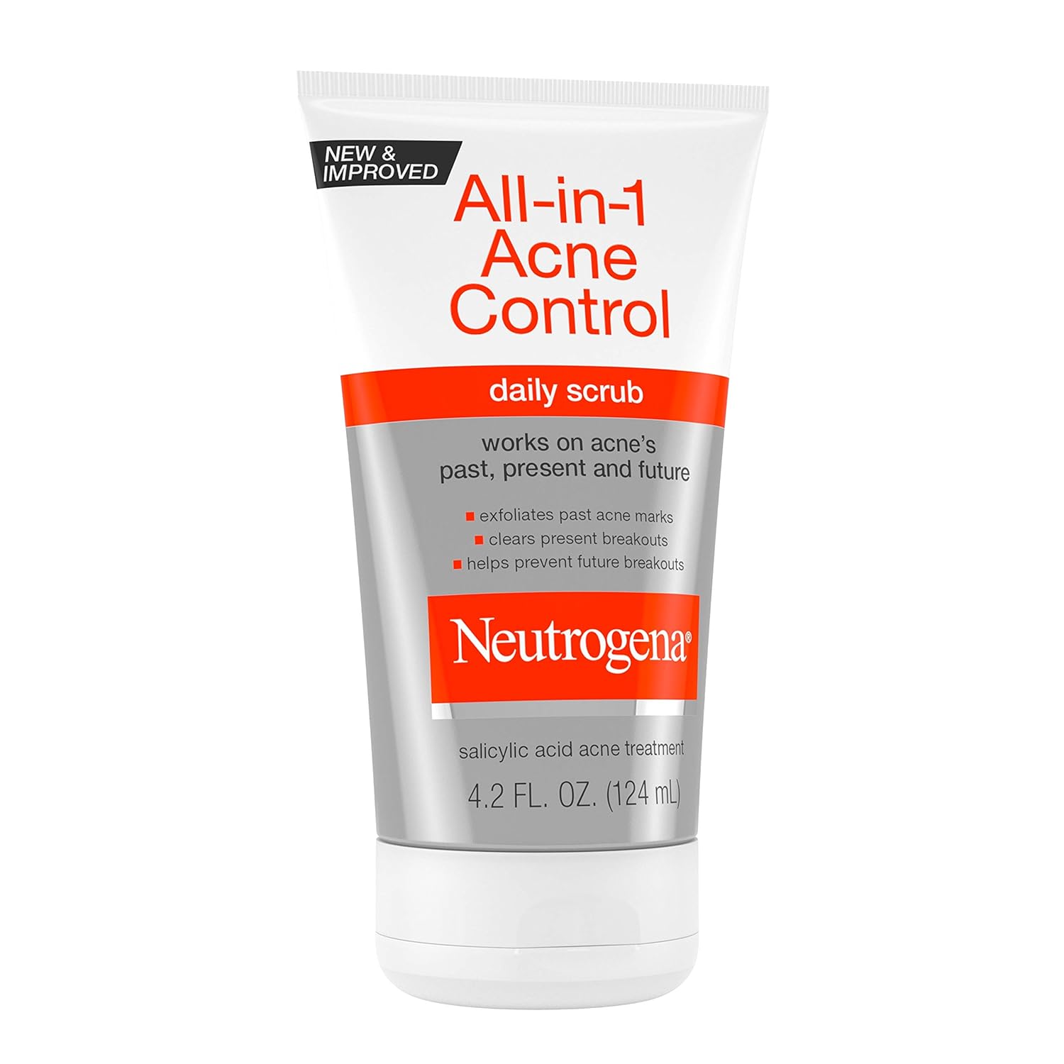 Neutrogena All-in-1 Acne Control Daily Scrub 124mL tube with red and grey packaging