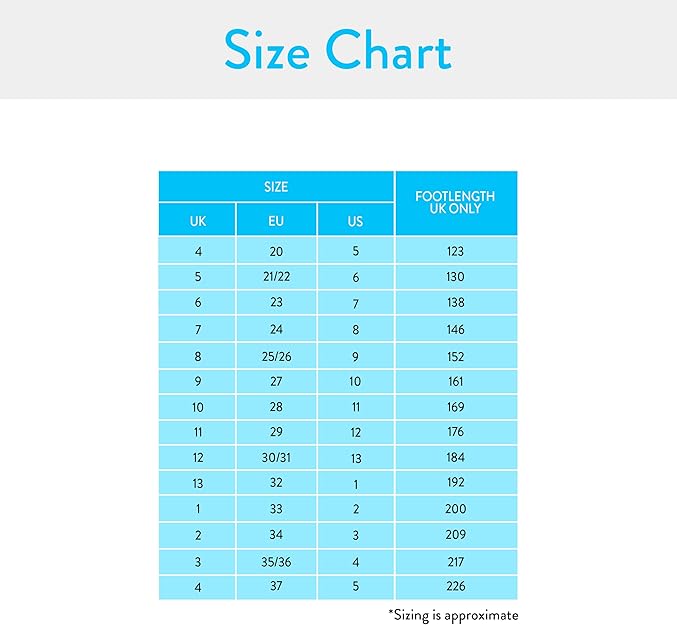 Girls School Shoes Unicorn size chart showing UK, EU and US sizing conversions