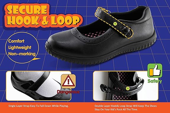 Black girls school shoes with secure hook and loop fastening strap