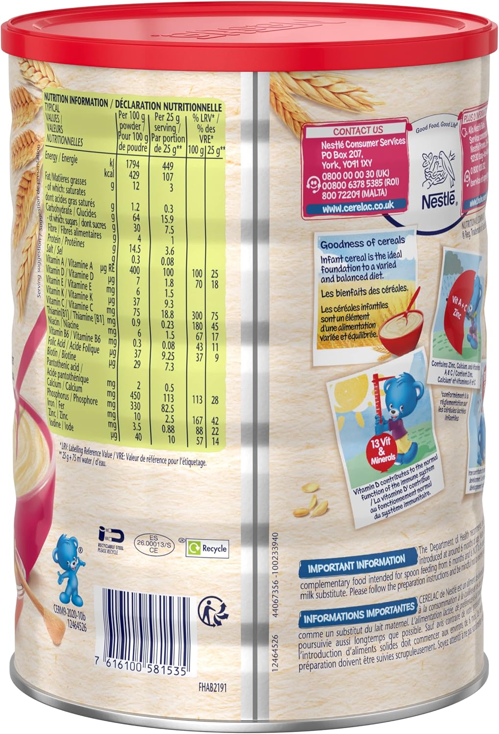 Nestlé Cerelac Honey and Wheat with Milk infant cereal 1 kg tin