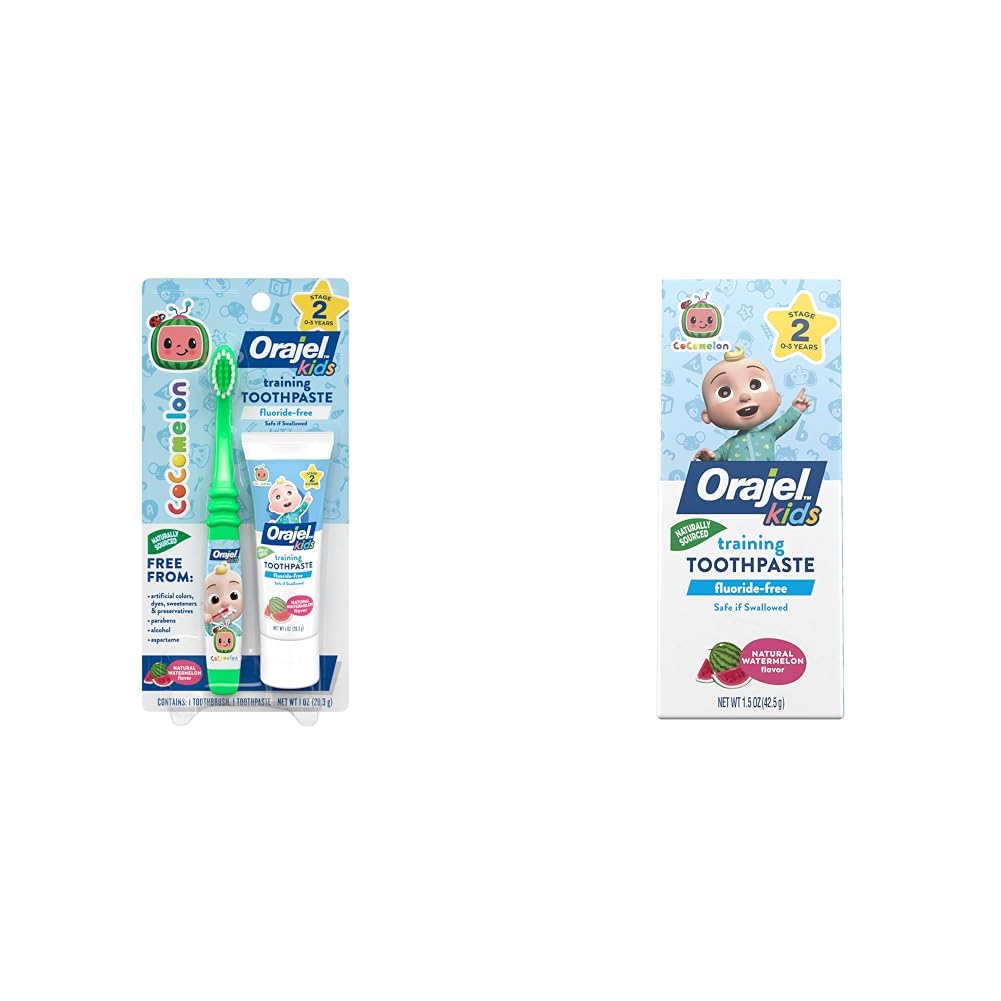 Orajel Kids training toothpaste and green toothbrush set, Cocomelon, fluoride-free