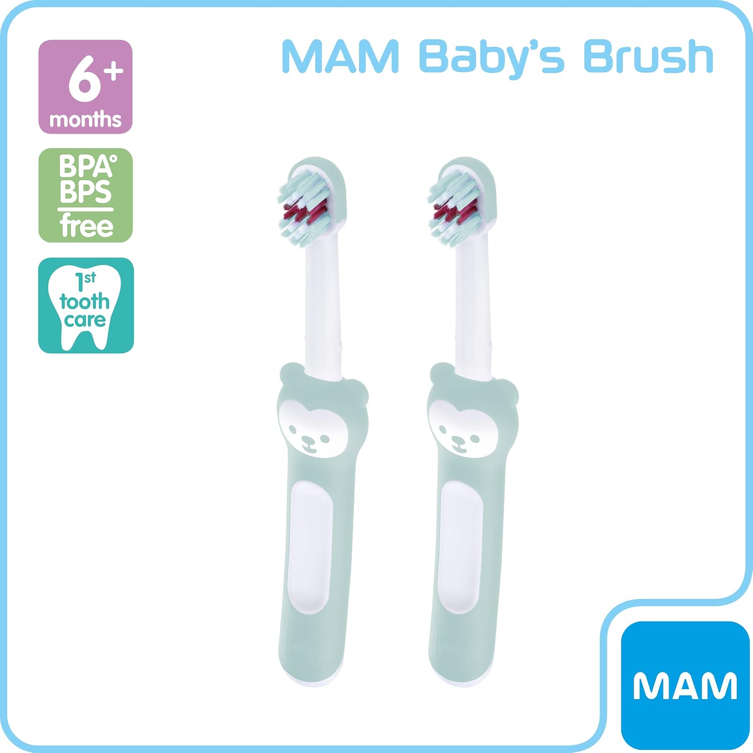 MAM Baby Brush with safety shield, 6 months plus, two pack, green and white