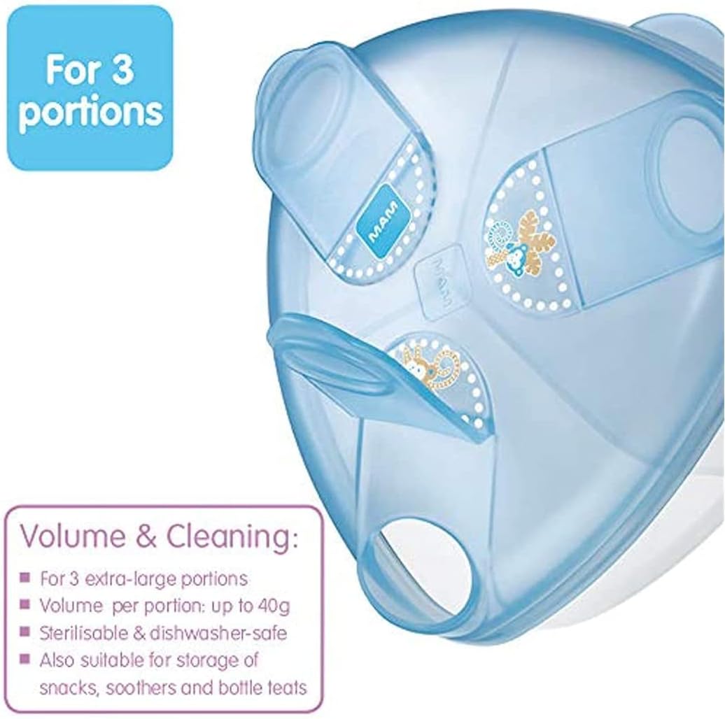 MAM milk powder box blue, holds 3 portions, sterilisable and dishwasher-safe