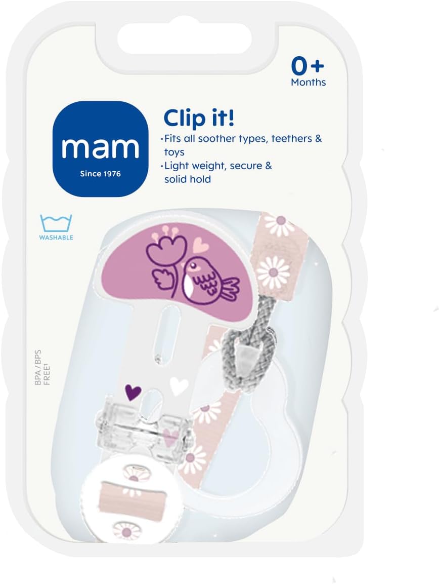 MAM Style Clip pink soother clips two-pack with bird design