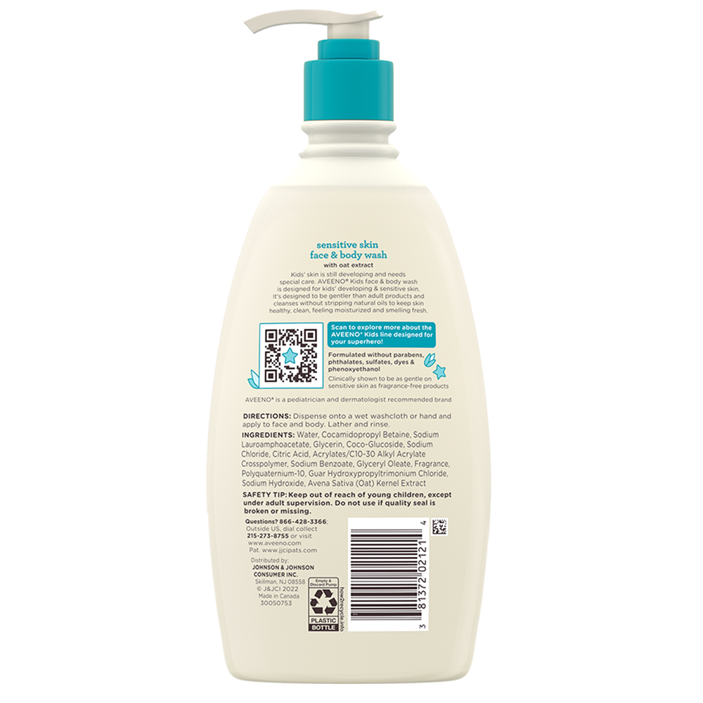 Aveeno Kids Sensitive Skin Face and Body Wash with Oat Extract 18 fl oz pump bottle