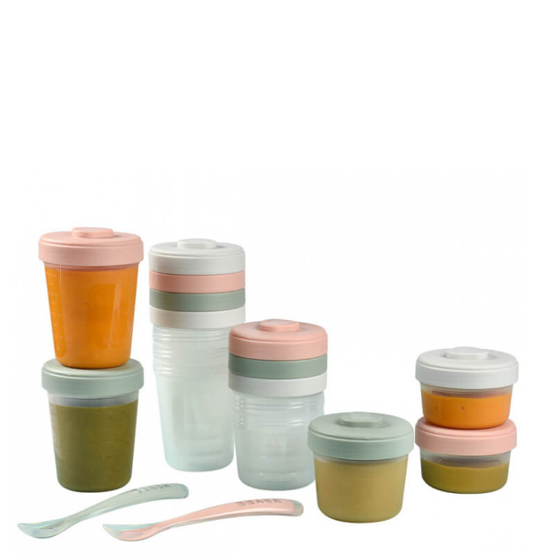 Béaba Clip Portions food storage containers set eucalyptus with spoons four months