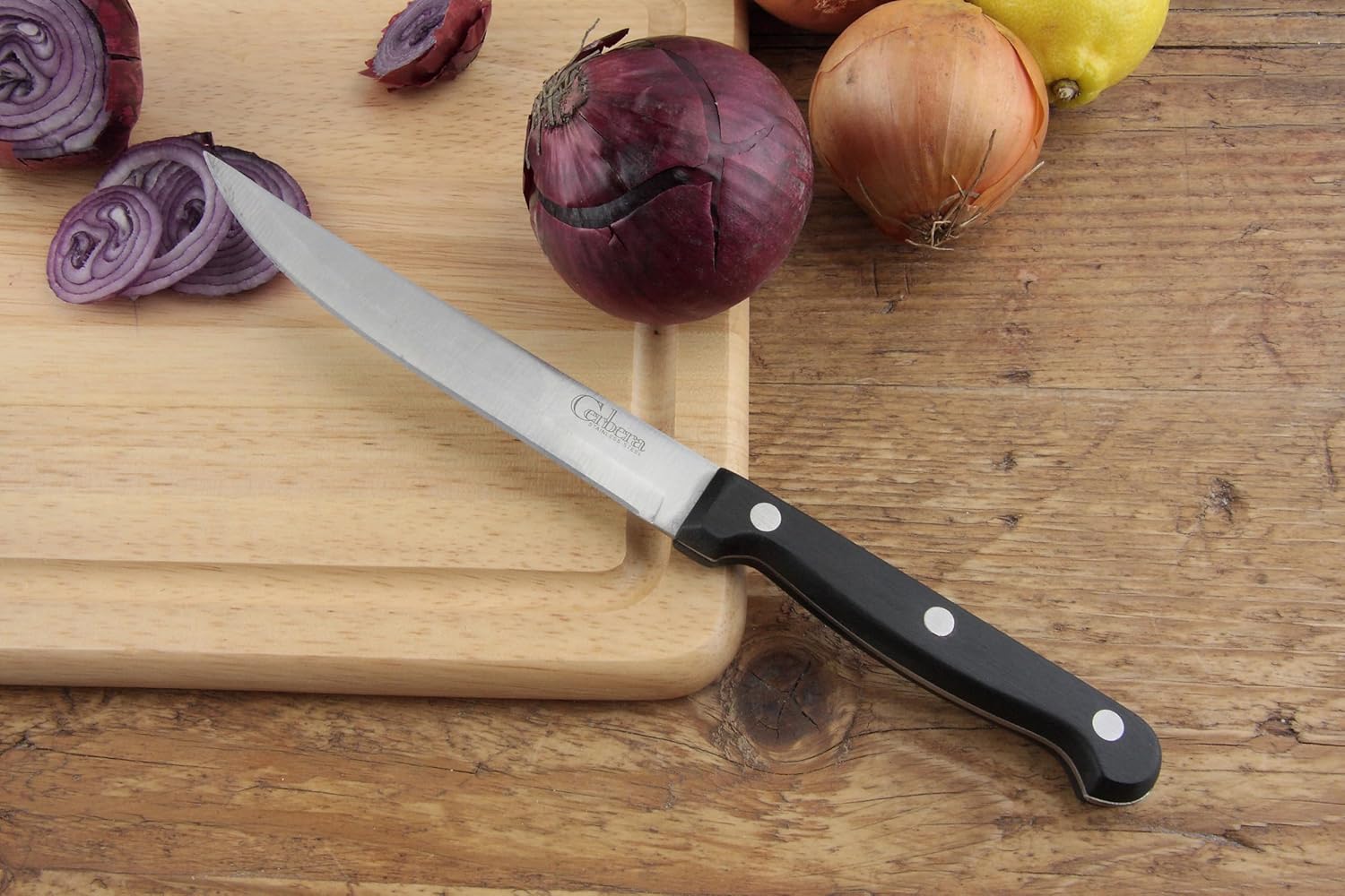 Apollo Cerbera kitchen utility knife 11cm with black handle and silver blade