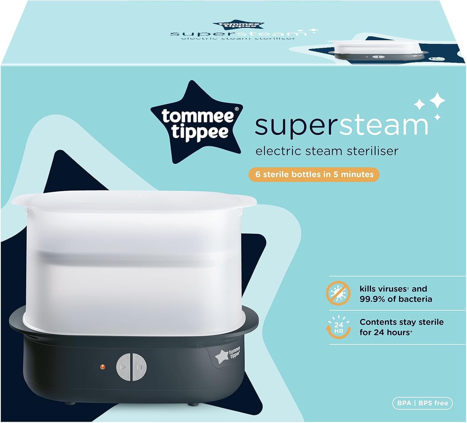 Tommee Tippee Supersteam electric steam steriliser black with white basin