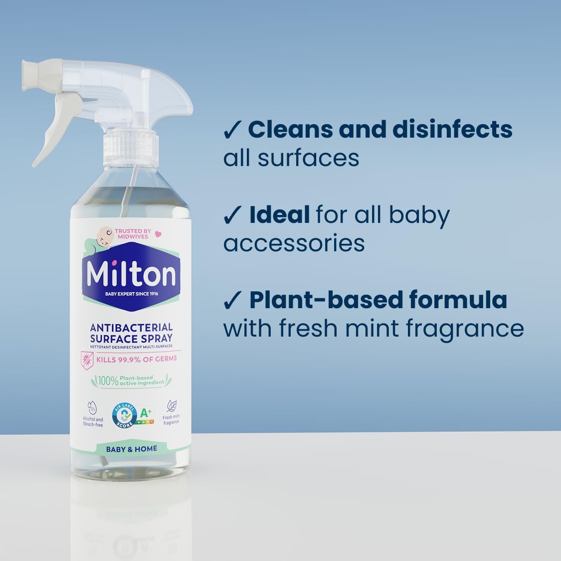 Milton Antibacterial Surface Spray 500ml plant-based formula with trigger spray bottle