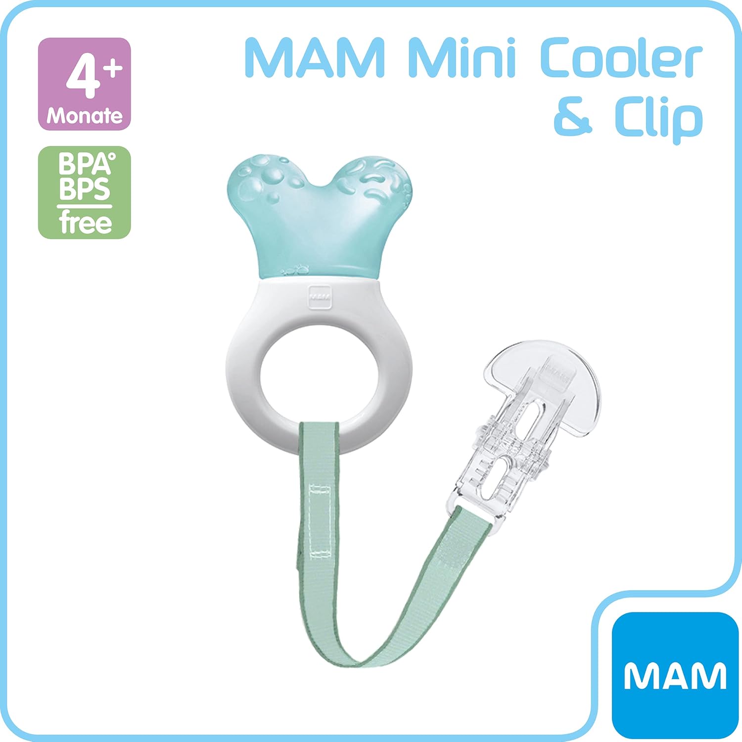 MAM Mini Cooler & Clip turquoise teething ring with green fabric strap and clip