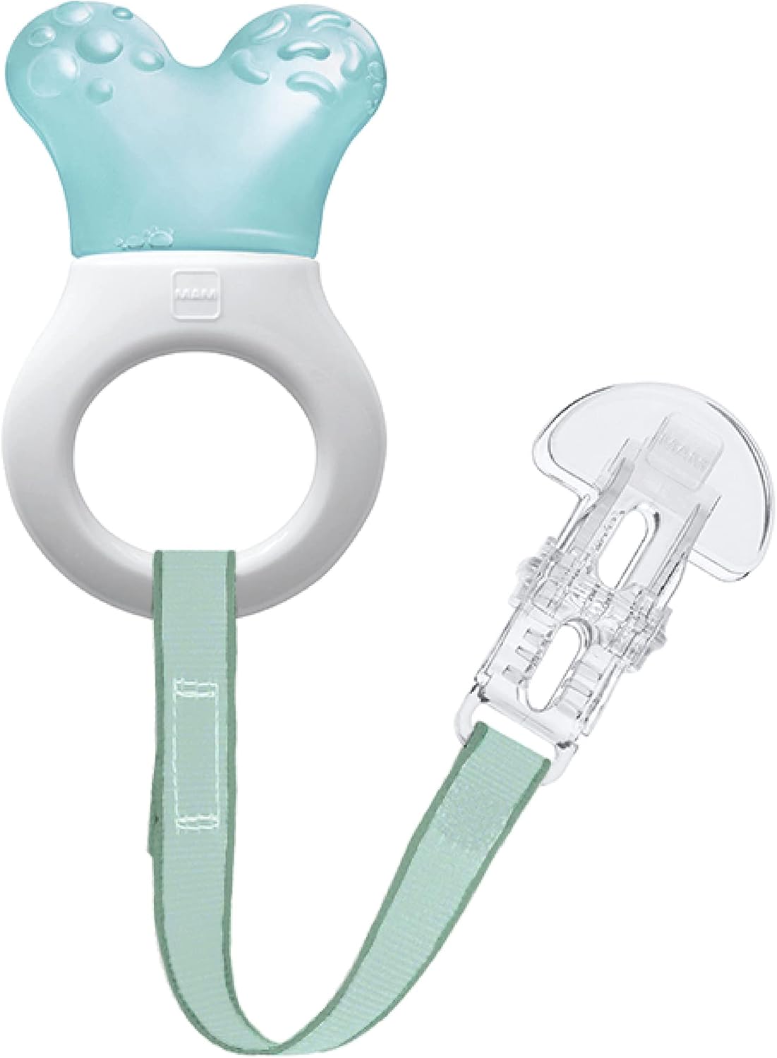 MAM Mini Cooler teething ring in turquoise with clip strap