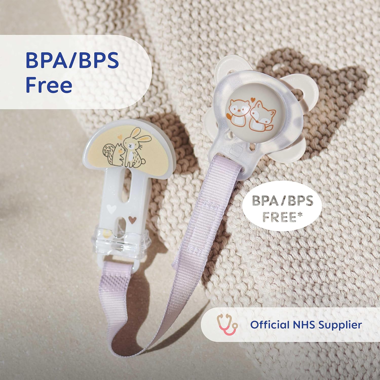MAM Style Clip pink pacifier clips two pack with animal designs