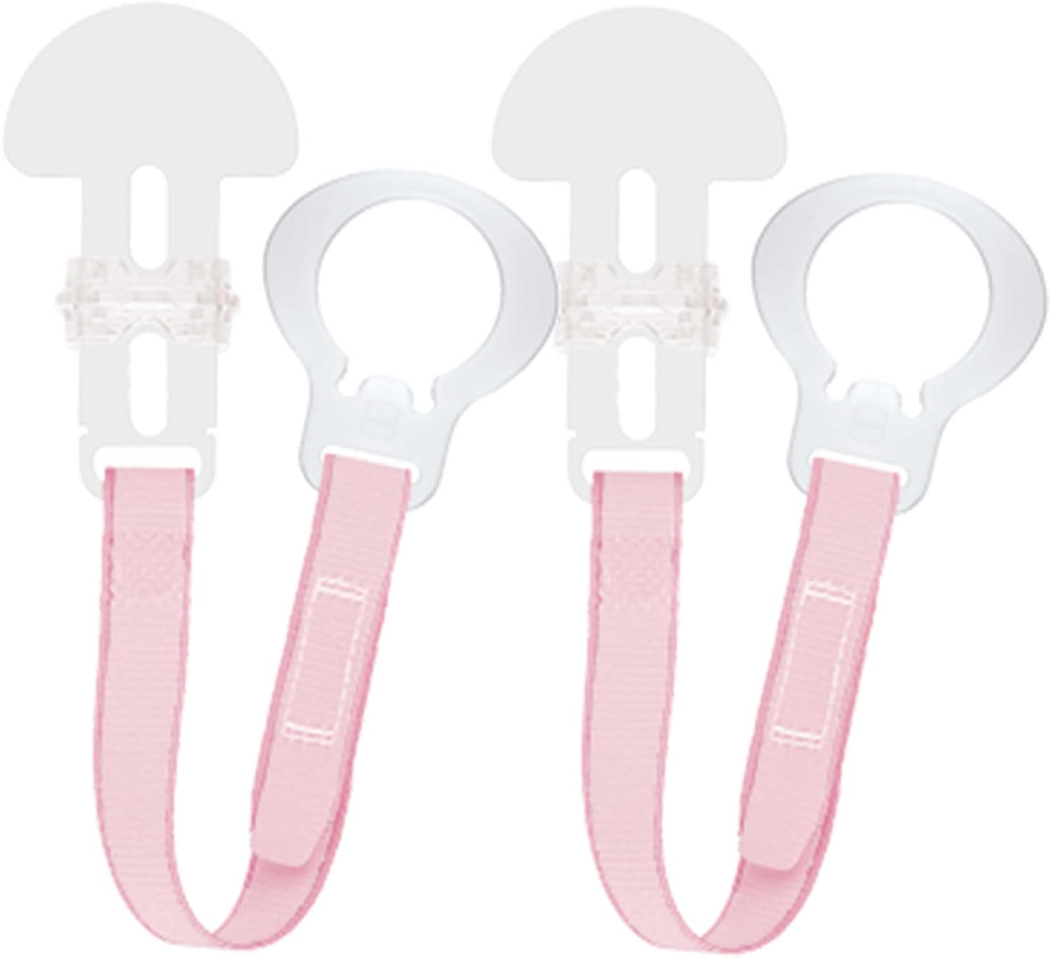 MAM Style pacifier clips pink two pack with white plastic hooks
