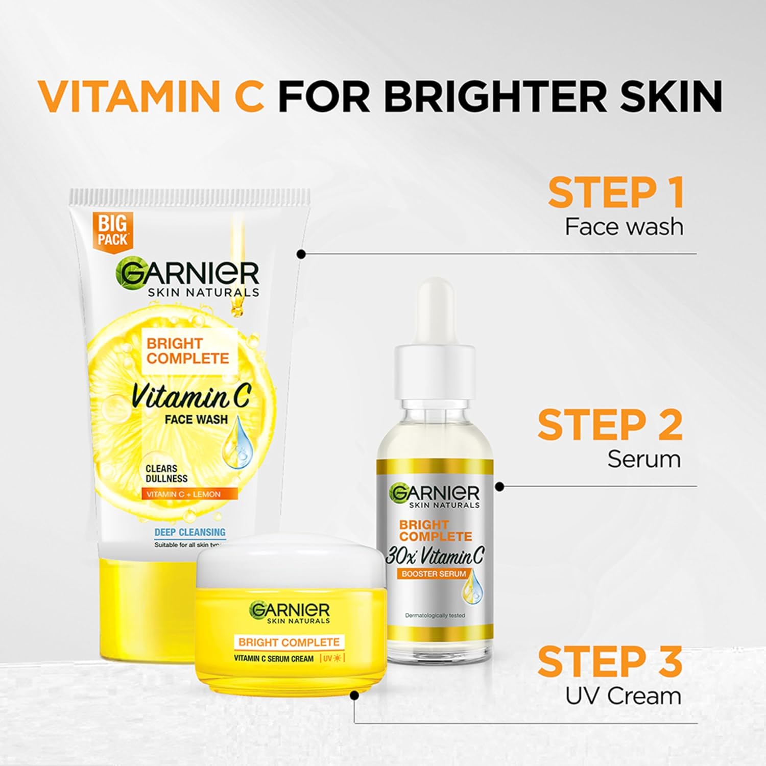 Garnier Skin Naturals Bright Complete Vitamin C day cream with UV protection, yellow jar