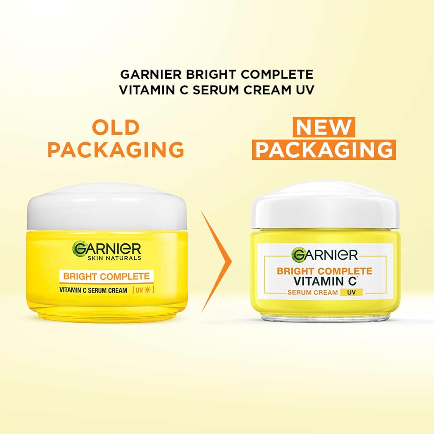 Garnier Bright Complete Vitamin C Serum Cream UV in yellow jar with white lid