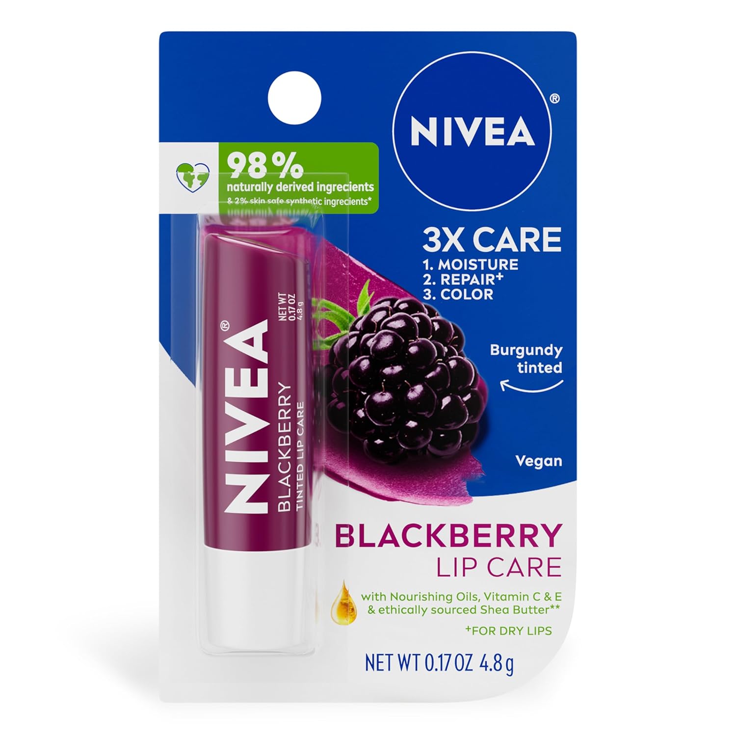 Nivea Blackberry Lip Care 0.17oz burgundy tinted stick carded packaging