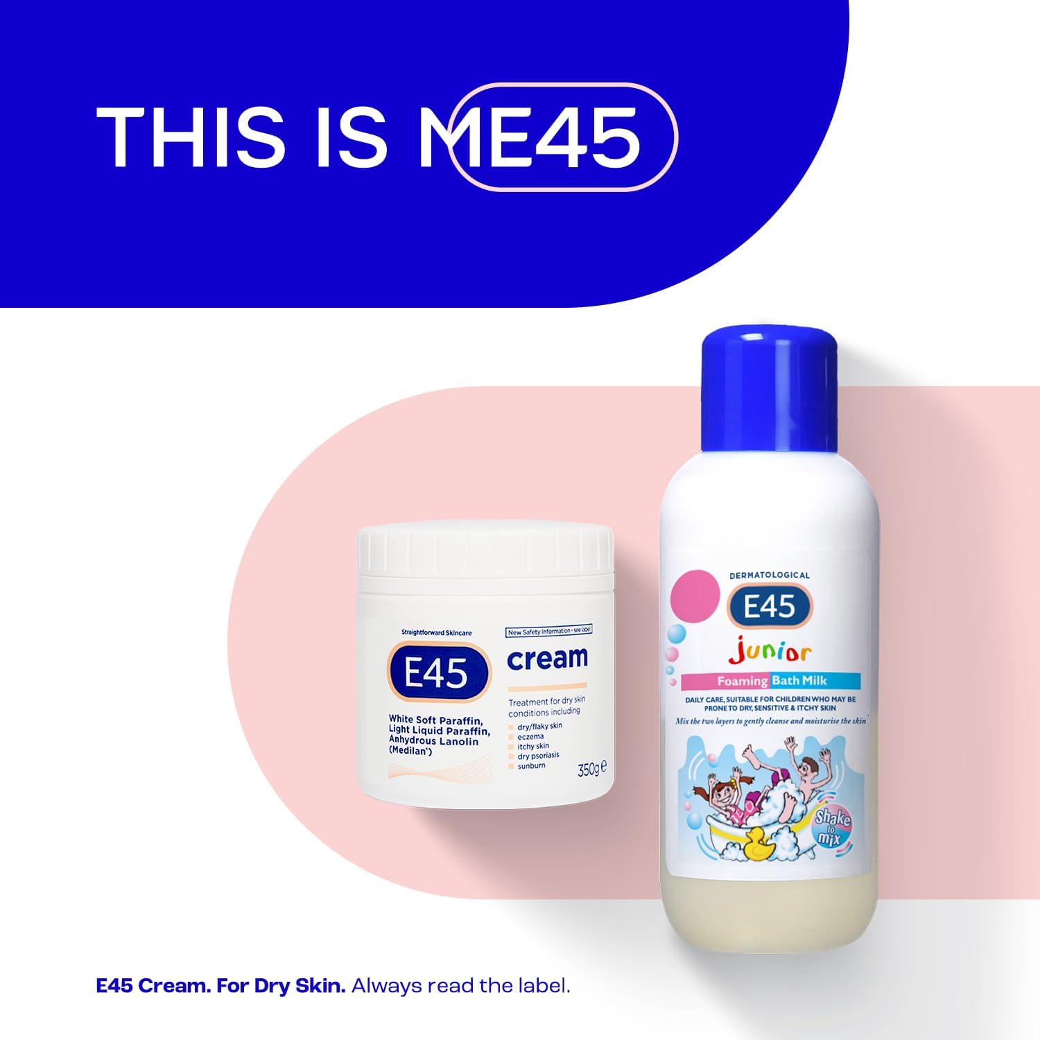 E45 Junior Foaming Bath Milk 500 ml bottle with blue cap