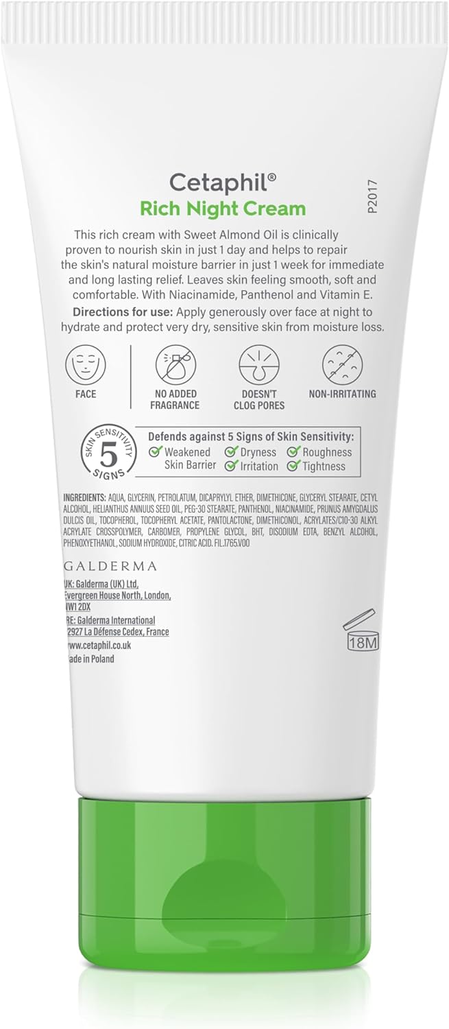 Cetaphil Rich Night Cream 48g white tube with green base