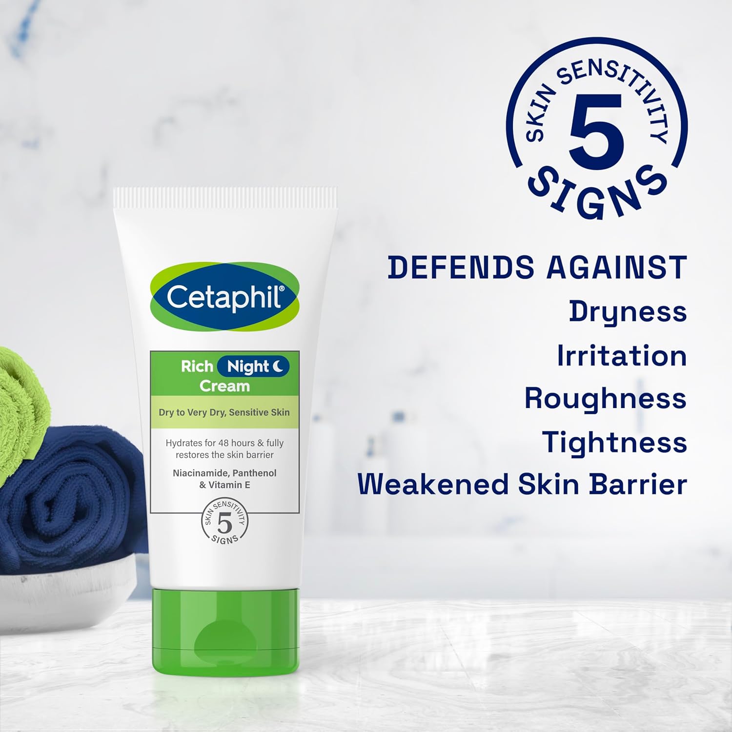 Cetaphil Rich Night Cream 48g white tube with green base for dry skin