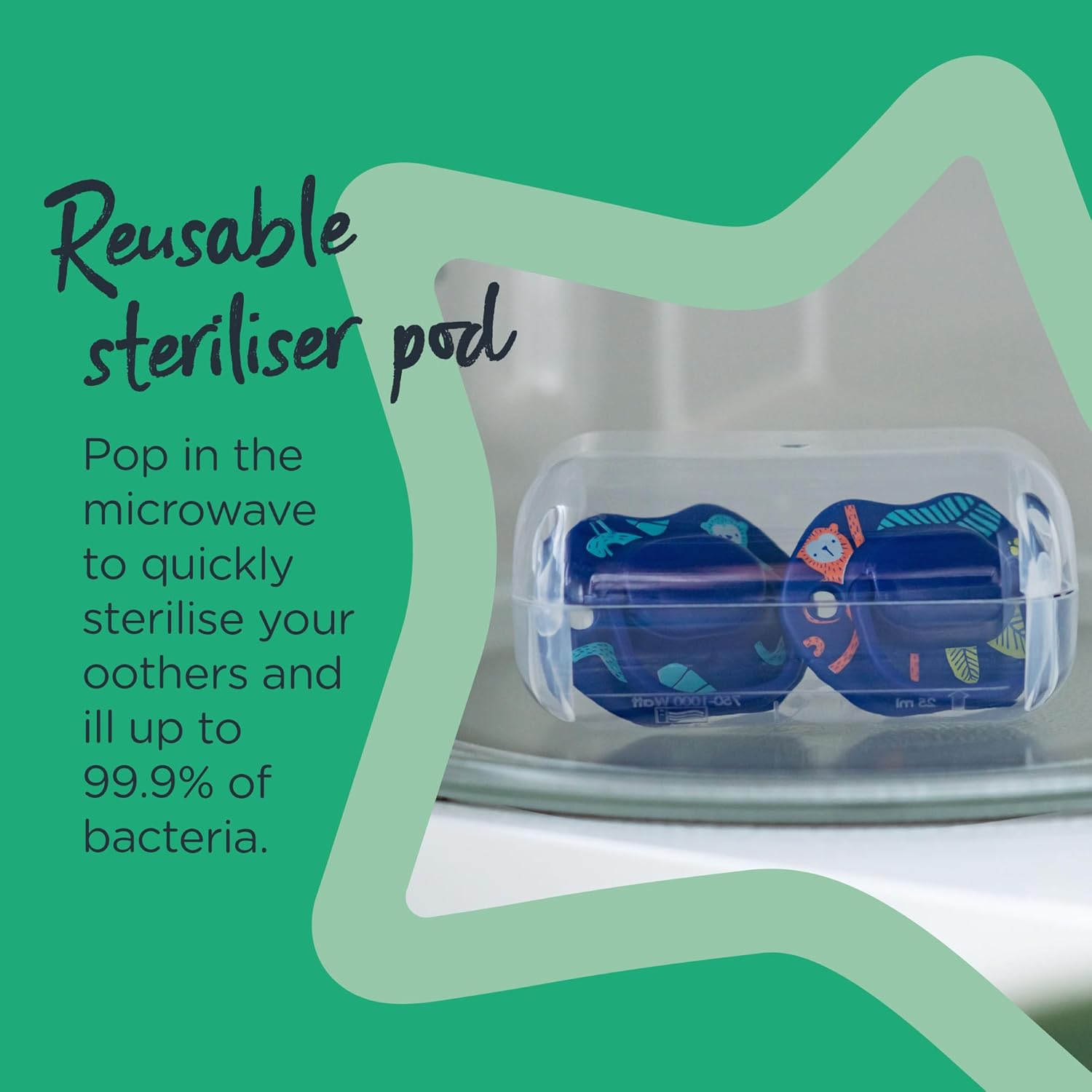 Tommee Tippee Moda blue orthodontic soothers 18-36 months with steriliser pod