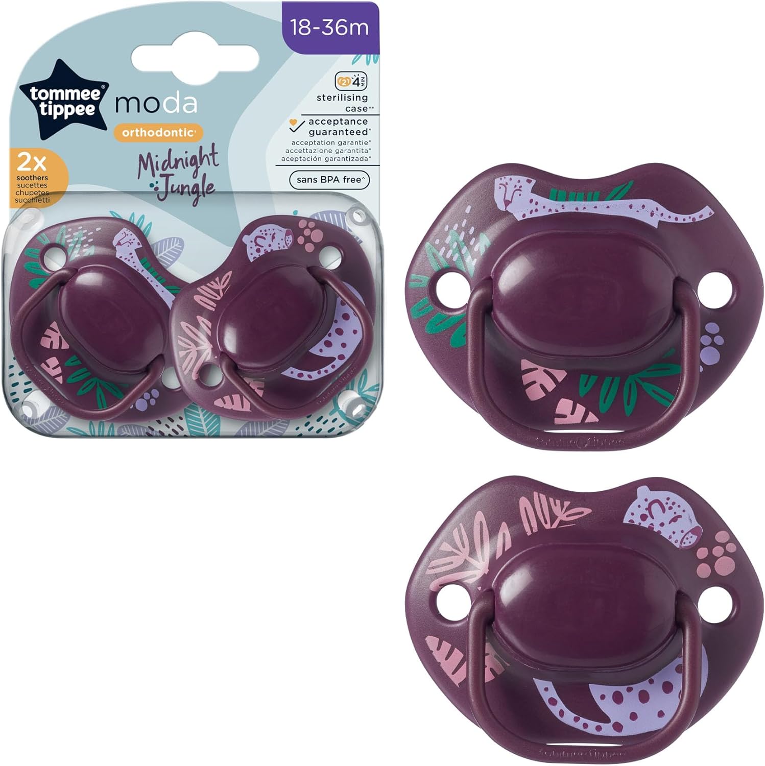 Tommee Tippee Moda orthodontic soothers 18-36 months Midnight Jungle purple pack of 2