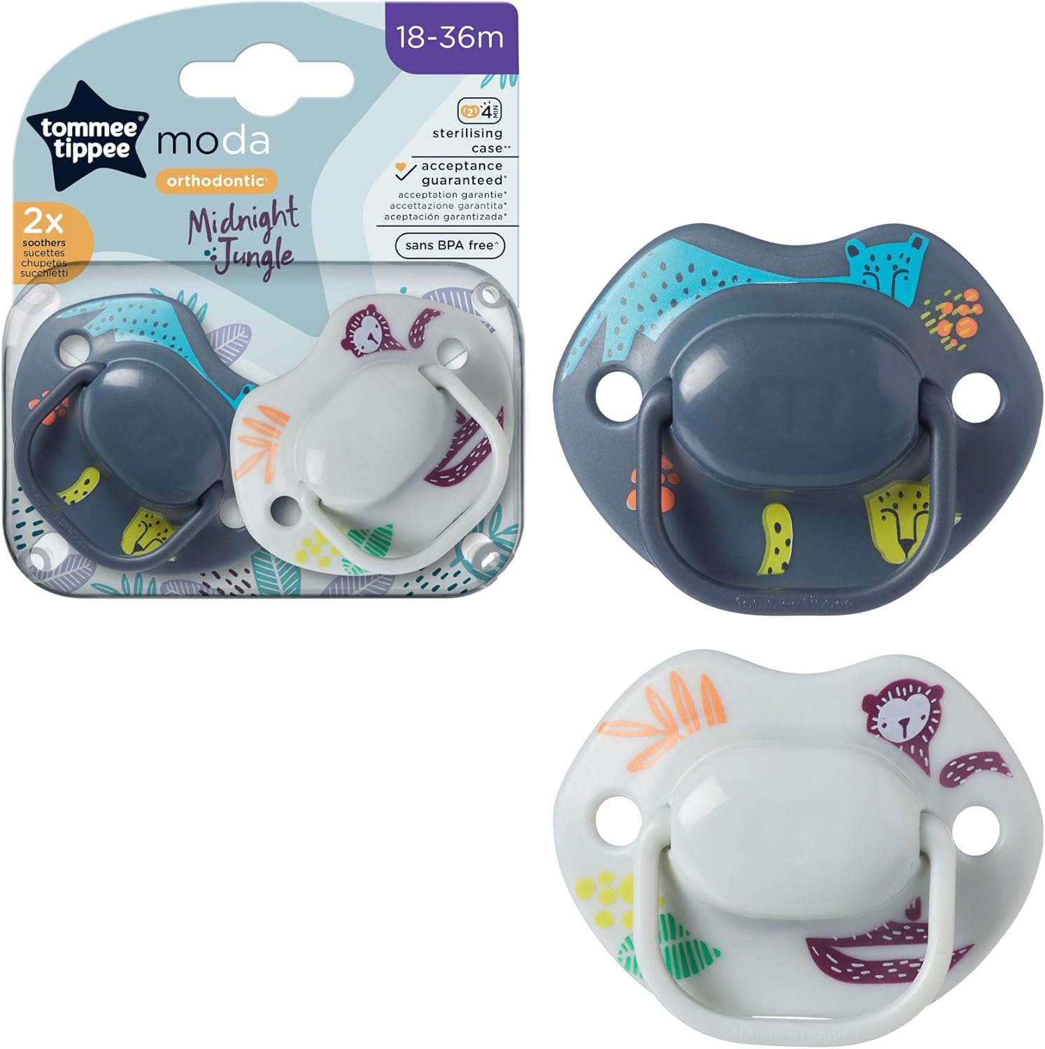Tommee Tippee Moda Midnight Jungle orthodontic soothers two pack 18-36 months