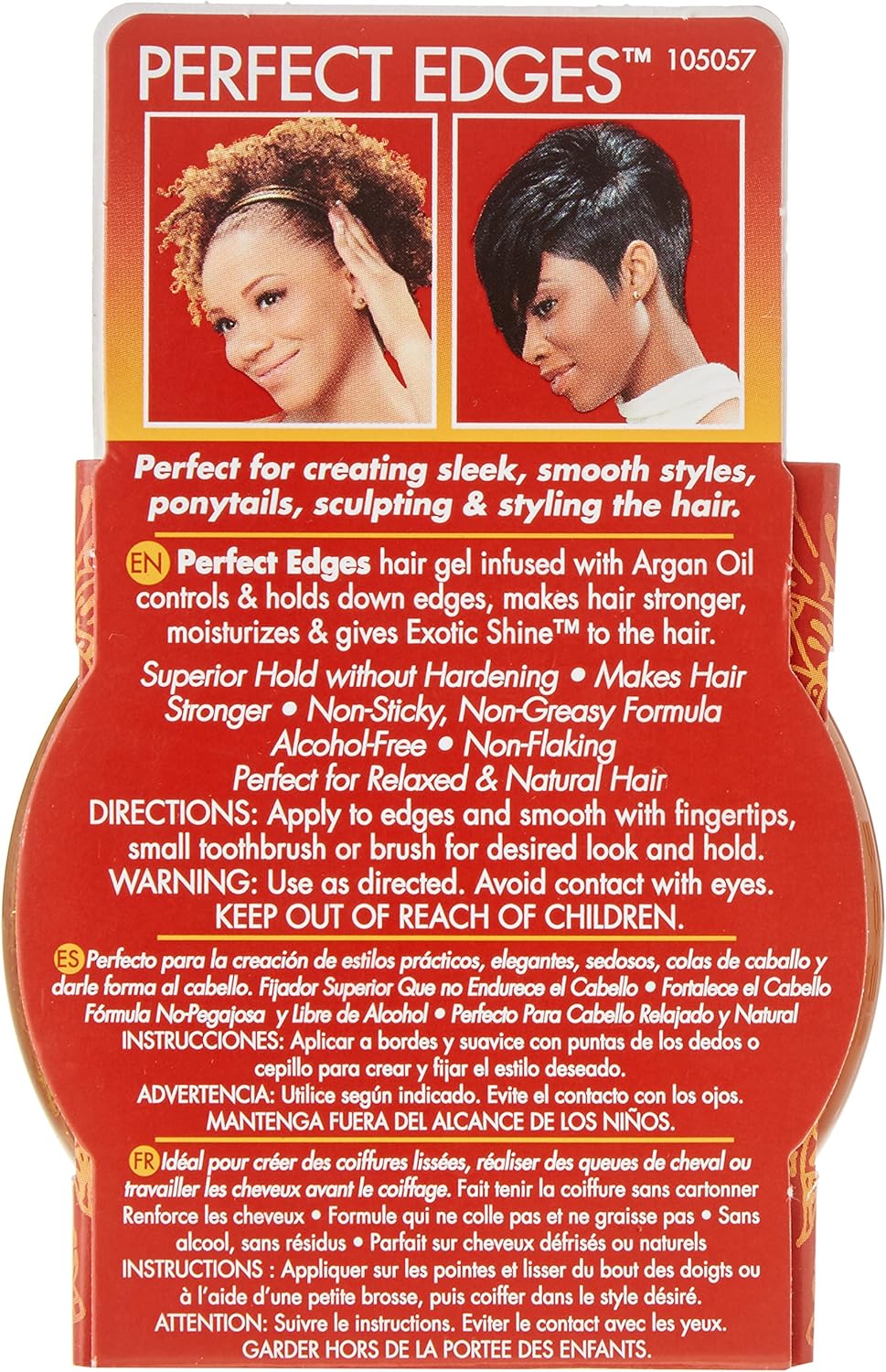 Perfect Edges hair gel infused with Argan Oil, red container
