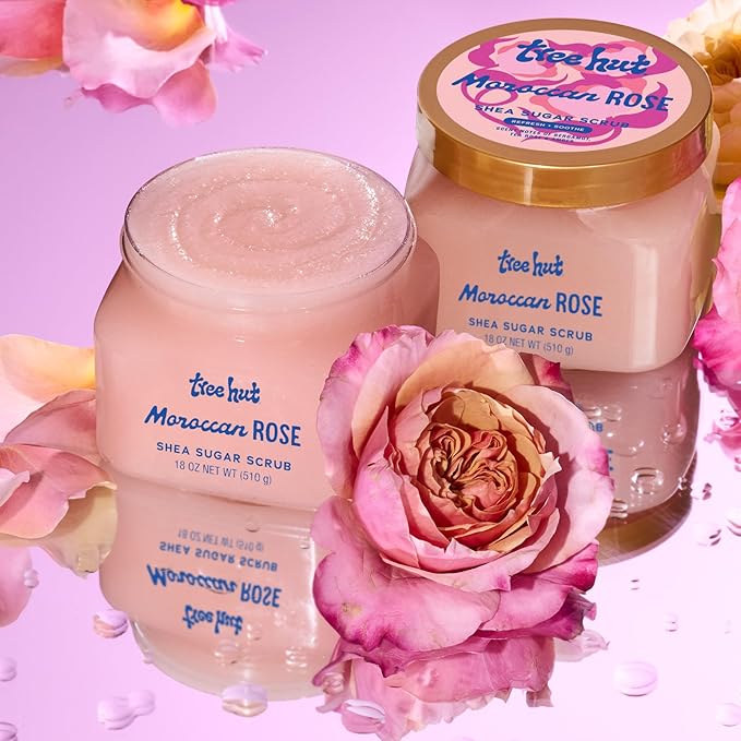 Tree Hut Moroccan Rose Shea Sugar Scrub 510g jar with pink granulated texture