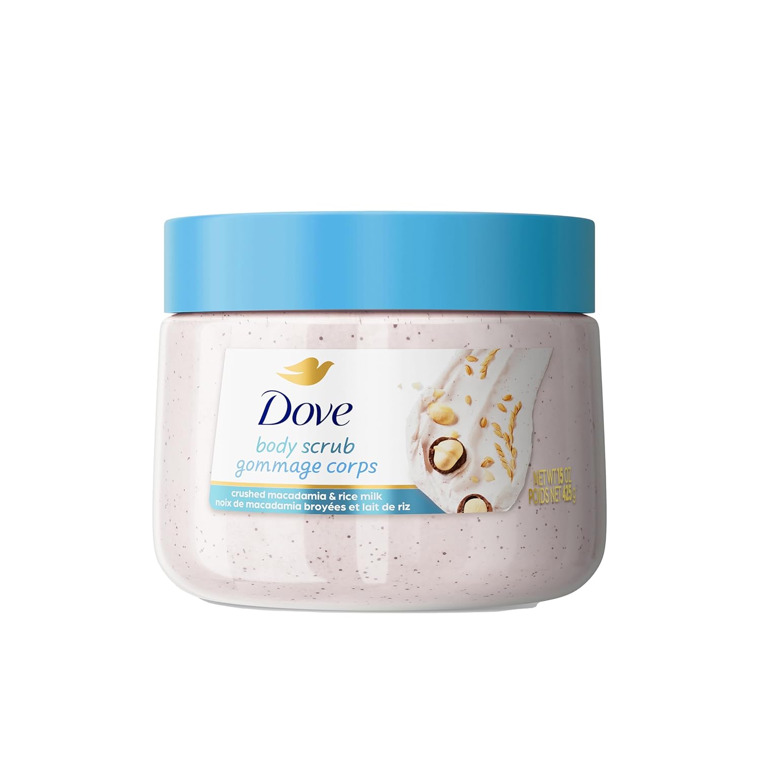 Dove body scrub crushed macadamia and rice milk exfoliating, blue lid jar