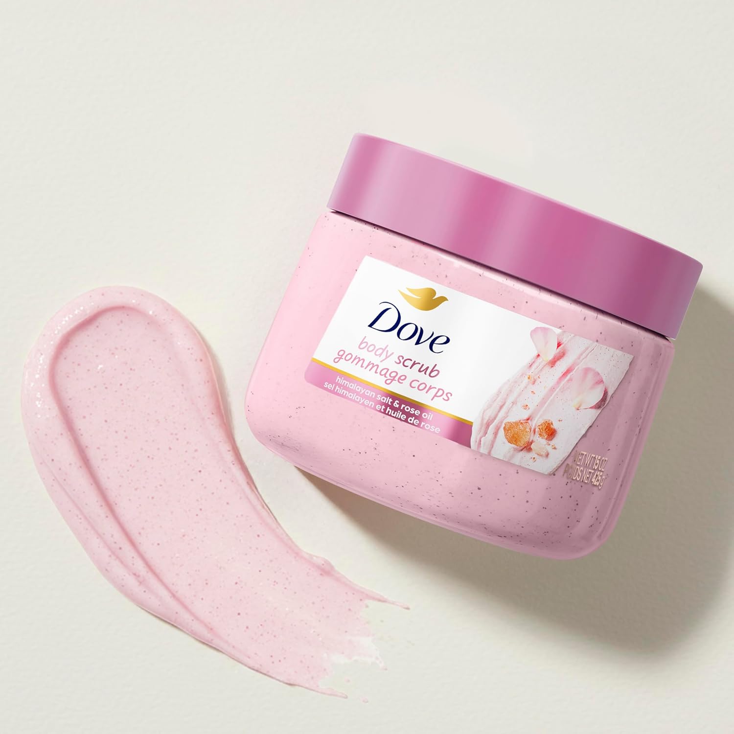 Dove Himalayan Salt and Rose Oil exfoliating body scrub 425g pink jar
